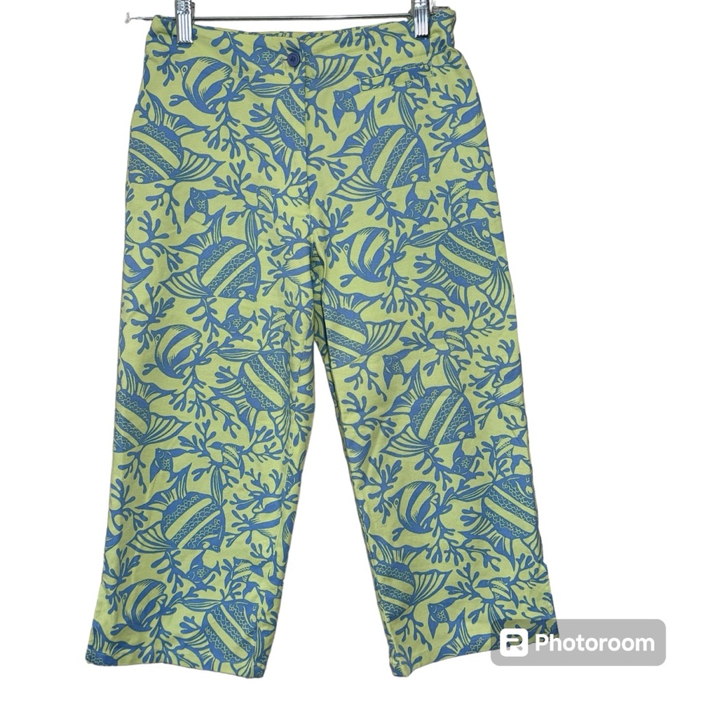 Talbots Petites cropped capri fish print pants, periwinkle and green. Women’s 2